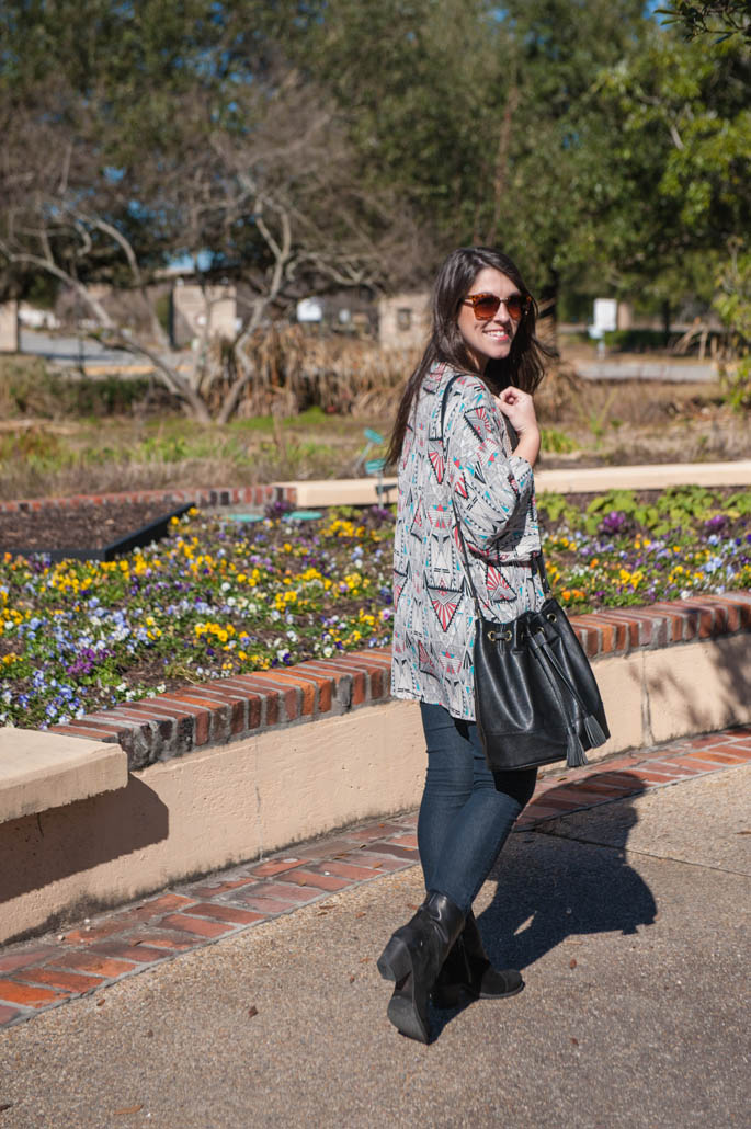Patterned spring kimono with black bucket bag and black ankle boots